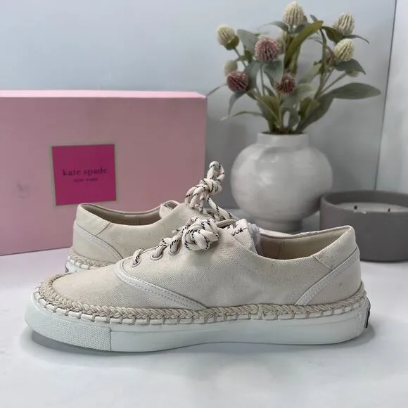Kate Spade Boat Party Canvas Lace Up Shoes Parchment K3245 Women's 6.5 B NWB