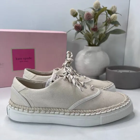 Kate Spade Boat Party Canvas Lace Up Shoes Parchment K3245 Women's 6.5 B NWB