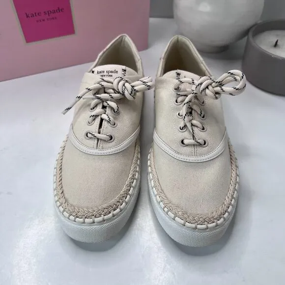 Kate Spade Boat Party Canvas Lace Up Shoes Parchment K3245 Women's 6.5 B NWB