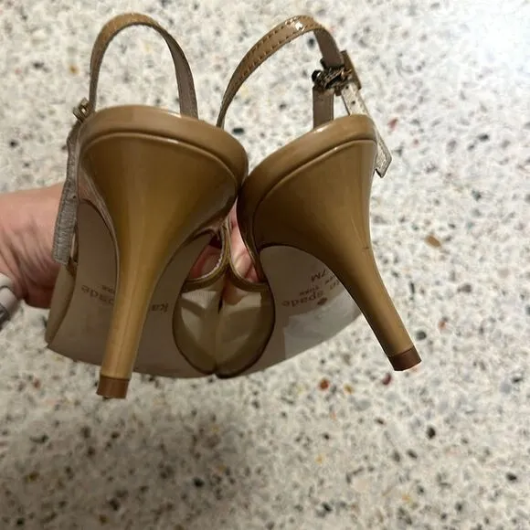 Kate Spade mesh slingback patent trim heels pump tan nude beige 7