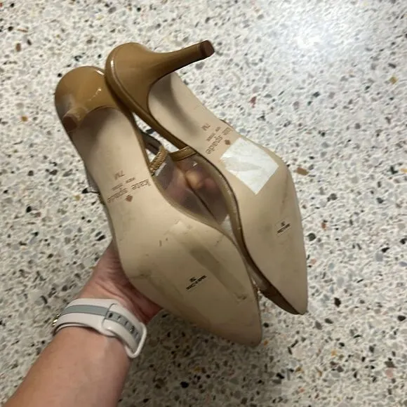 Kate Spade mesh slingback patent trim heels pump tan nude beige 7