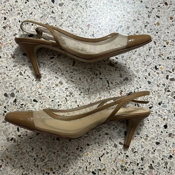 Kate Spade mesh slingback patent trim heels pump tan nude beige 7