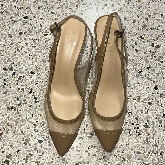 Kate Spade mesh slingback patent trim heels pump tan nude beige 7