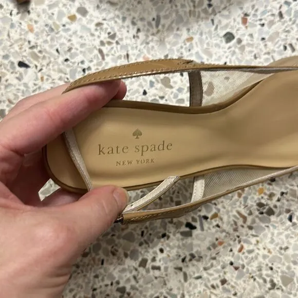 Kate Spade mesh slingback patent trim heels pump tan nude beige 7