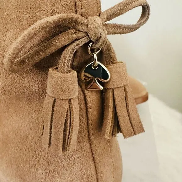 KATE SPADE Sadie Side Zip Tasseled Ankle Suede Boots,  Almond, Size 9.5, NWOB