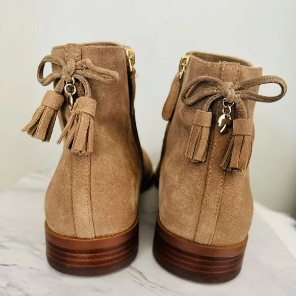 KATE SPADE Sadie Side Zip Tasseled Ankle Suede Boots,  Almond, Size 9.5, NWOB