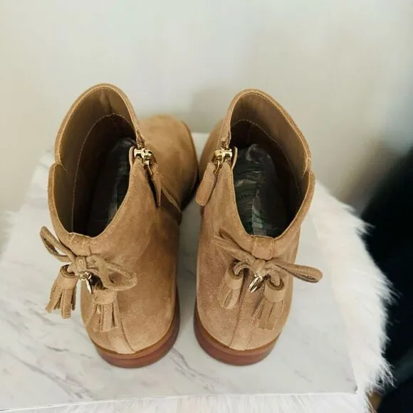 KATE SPADE Sadie Side Zip Tasseled Ankle Suede Boots,  Almond, Size 9.5, NWOB