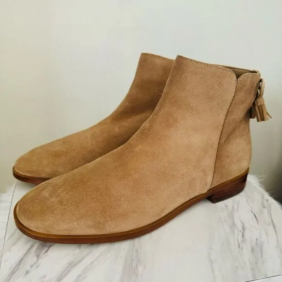 KATE SPADE Sadie Side Zip Tasseled Ankle Suede Boots,  Almond, Size 9.5, NWOB
