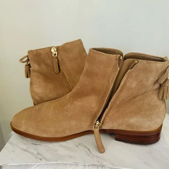 KATE SPADE Sadie Side Zip Tasseled Ankle Suede Boots,  Almond, Size 9.5, NWOB