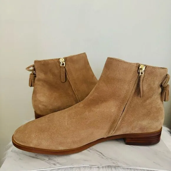 KATE SPADE Sadie Side Zip Tasseled Ankle Suede Boots,  Almond, Size 9.5, NWOB
