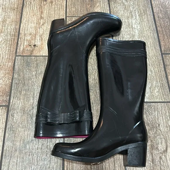 Kate Spade Women’s Sz 10 Black Gloss Rubber Heeled‎ Knee High Rain Boots