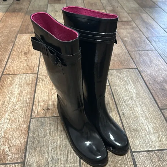 Kate Spade Women’s Sz 10 Black Gloss Rubber Heeled‎ Knee High Rain Boots