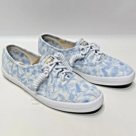 Keds x Rifle Paper Co. Avery Blue Floral Pattern White Canvas Shoes Women Size 9