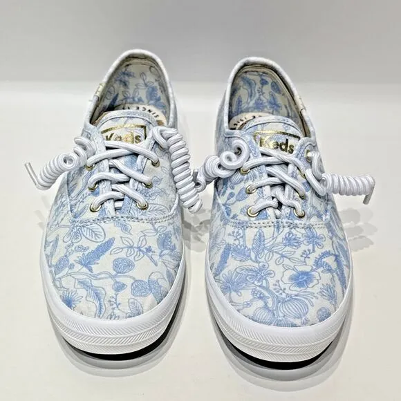Keds x Rifle Paper Co. Avery Blue Floral Pattern White Canvas Shoes Women Size 9