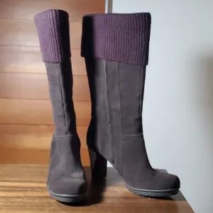 Kenneth Cole Size 9.5 Boots Dark Brown Suede Heeled Rubber Sole Knit Knee High