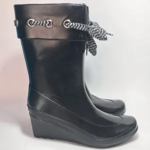 Khombu Lacey Black Rubber Wedge Heel Rain Boots Size 9 NIB
