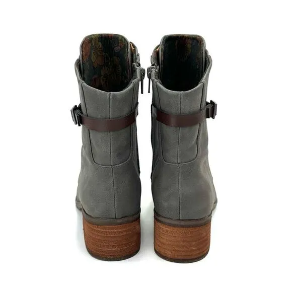 KORK-EASE &quot;REESE&quot; GREENISH/GRAY LEATHER ADJUSTABLE LACE-UP ANKLE STRAP BOOTIES