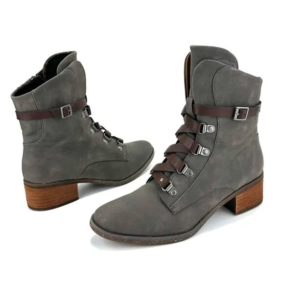 KORK-EASE &quot;REESE&quot; GREENISH/GRAY LEATHER ADJUSTABLE LACE-UP ANKLE STRAP BOOTIES