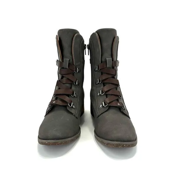 KORK-EASE &quot;REESE&quot; GREENISH/GRAY LEATHER ADJUSTABLE LACE-UP ANKLE STRAP BOOTIES