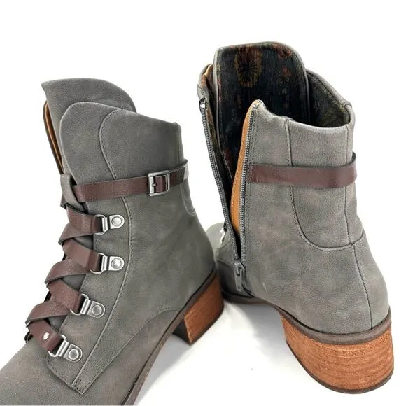 KORK-EASE &quot;REESE&quot; GREENISH/GRAY LEATHER ADJUSTABLE LACE-UP ANKLE STRAP BOOTIES