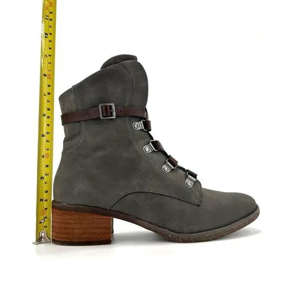 KORK-EASE &quot;REESE&quot; GREENISH/GRAY LEATHER ADJUSTABLE LACE-UP ANKLE STRAP BOOTIES