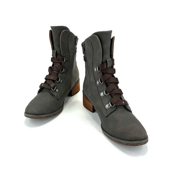 KORK-EASE &quot;REESE&quot; GREENISH/GRAY LEATHER ADJUSTABLE LACE-UP ANKLE STRAP BOOTIES