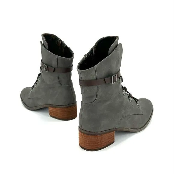 KORK-EASE &quot;REESE&quot; GREENISH/GRAY LEATHER ADJUSTABLE LACE-UP ANKLE STRAP BOOTIES