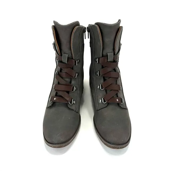 KORK-EASE &quot;REESE&quot; GREENISH/GRAY LEATHER ADJUSTABLE LACE-UP ANKLE STRAP BOOTIES