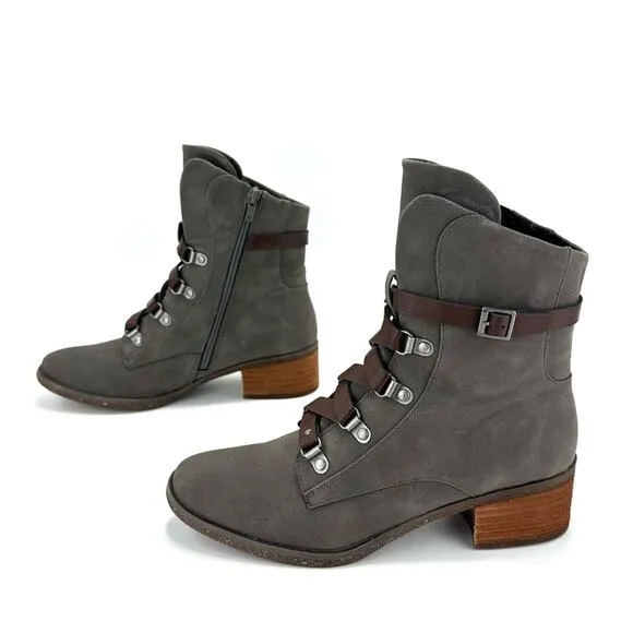 KORK-EASE &quot;REESE&quot; GREENISH/GRAY LEATHER ADJUSTABLE LACE-UP ANKLE STRAP BOOTIES