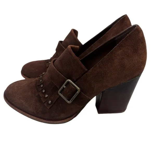 Kork-Ease Brown Suede Heeled Oxford Shoes Fringe and Buckle Women’s Size 6.5M