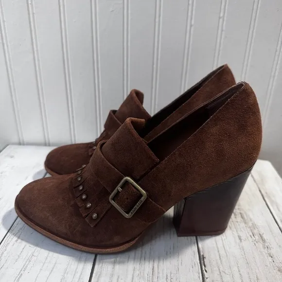 Kork-Ease Brown Suede Heeled Oxford Shoes Fringe and Buckle Women’s Size 6.5M
