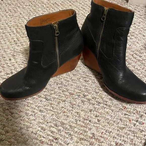 Kork-Ease Michelle Black Leather Ankle Wedge Boots- Size 10