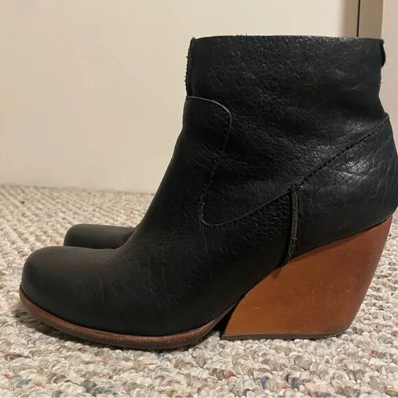 Kork-Ease Michelle Black Leather Ankle Wedge Boots- Size 10