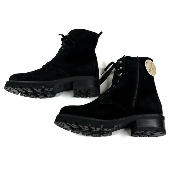 La Canadienne Black Suede Combat Boots Women's Size 10M Lug Sole Side Zip New