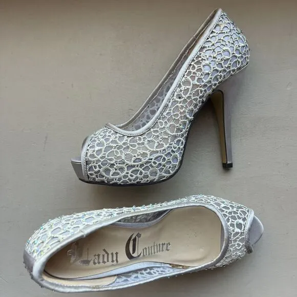 Lady Couture Ivy Peep Toe Silver Lace Mesh Stiletto Heels NIB Women’s EU 38 US 7