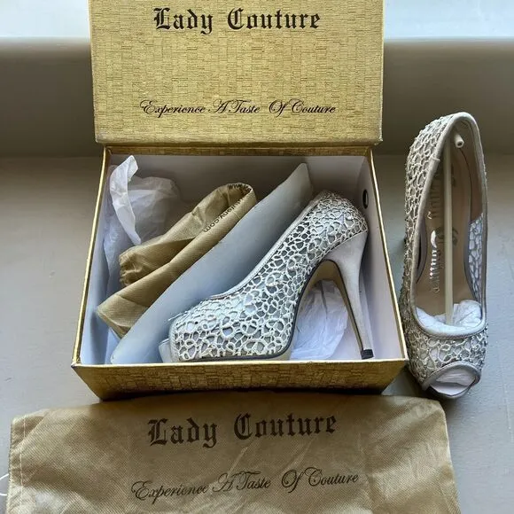 Lady Couture Ivy Peep Toe Silver Lace Mesh Stiletto Heels NIB Women’s EU 38 US 7