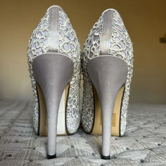 Lady Couture Ivy Peep Toe Silver Lace Mesh Stiletto Heels NIB Women’s EU 38 US 7