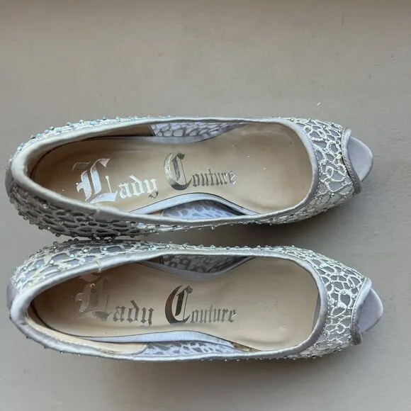 Lady Couture Ivy Peep Toe Silver Lace Mesh Stiletto Heels NIB Women’s EU 38 US 7