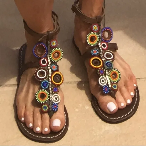 Larettamia Hand Beaded Leather Sandals 38