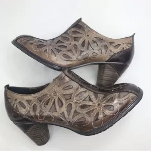 L’Atiste Spring Step ARABELLA Brown Leather Stitched Floral Heeled Ankle Shoes