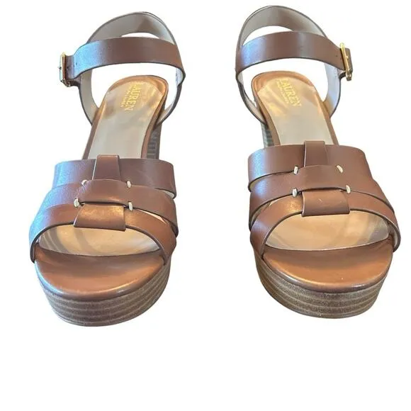 Lauren Ralph Lauren Soffia Leather Platform Sandals Polo Tan NEW Size 11