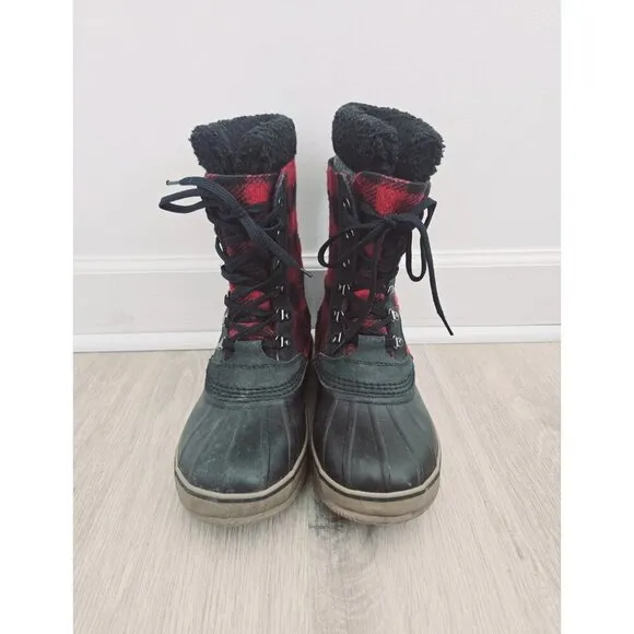 LL Bean Red Black Buffalo Plaid Lace Up Mid Calf Duck Winter Boots Mens Size 10