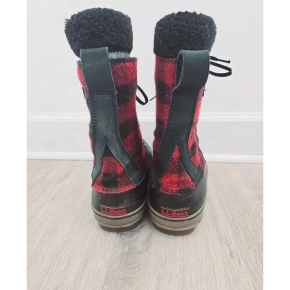 LL Bean Red Black Buffalo Plaid Lace Up Mid Calf Duck Winter Boots Mens Size 10