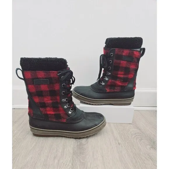 LL Bean Red Black Buffalo Plaid Lace Up Mid Calf Duck Winter Boots Mens Size 10