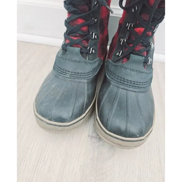 LL Bean Red Black Buffalo Plaid Lace Up Mid Calf Duck Winter Boots Mens Size 10