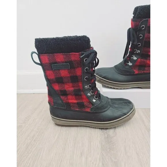 LL Bean Red Black Buffalo Plaid Lace Up Mid Calf Duck Winter Boots Mens Size 10