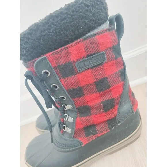 LL Bean Red Black Buffalo Plaid Lace Up Mid Calf Duck Winter Boots Mens Size 10