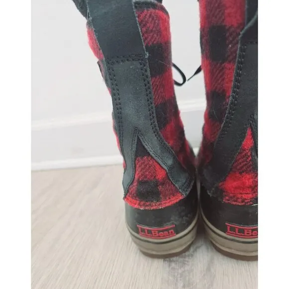 LL Bean Red Black Buffalo Plaid Lace Up Mid Calf Duck Winter Boots Mens Size 10