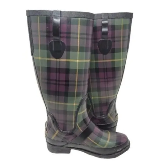 L.L. Bean | Womens Wellies Rain Boots Plaid Purple Green