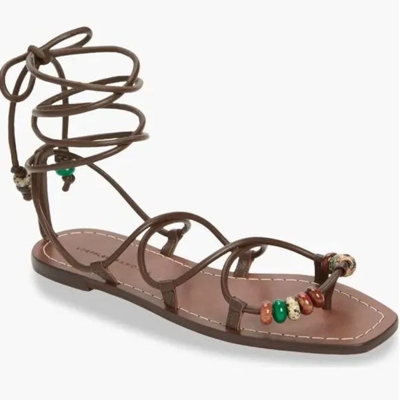 LOEFFLER RANDALL Colleen Ankle Tie Sandals Size 8.5 Brown Leather Beaded NEW